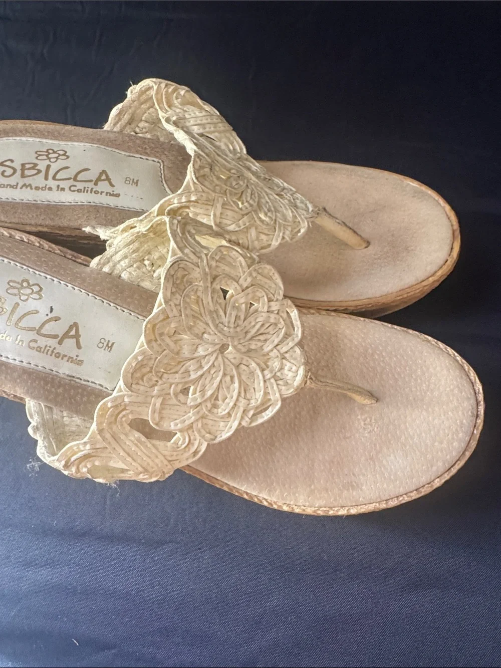 Sbicca Cream Crochet Wedge Thong Sandals